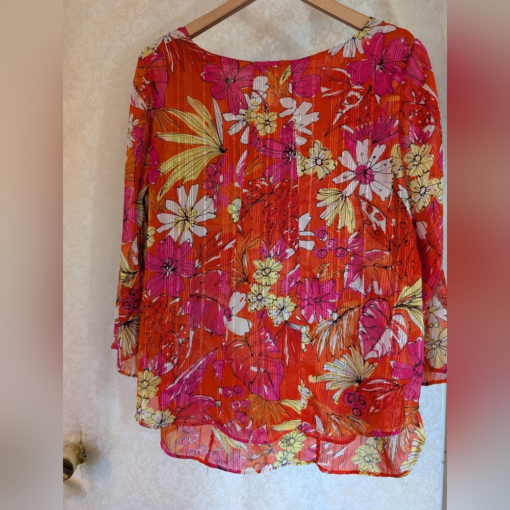 Sara Michelle Top Sz. Large Bright Orange Floral - Picture 12 of 16